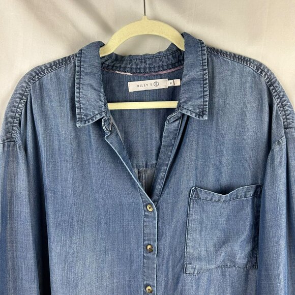 Billy T Love You To Pieces Shirt Women XL Blue Purple Chambray Denim Plaid Boho - Picture 10 of 15